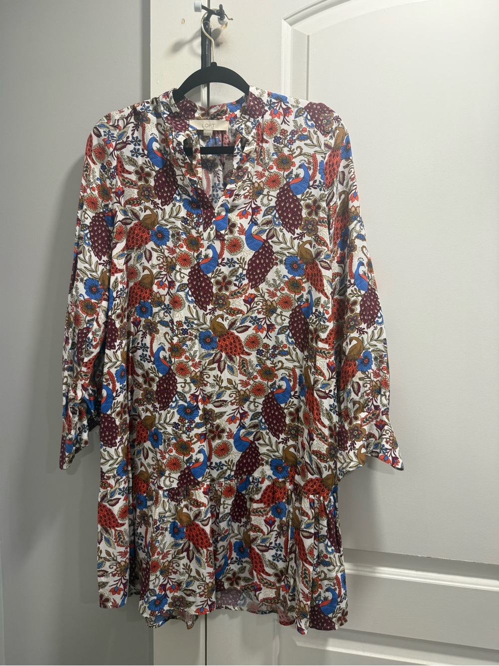 LOFT Floral Bird Print Tunic Dress - White with Blue & Rust